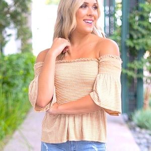 NWOT Off the Shoulder Striped Smock Top Yellow White